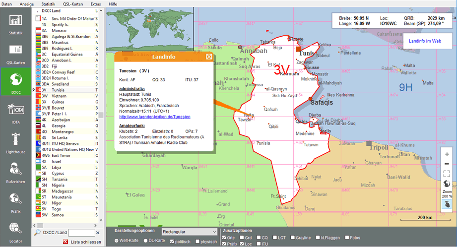 Weltkarte mit DXCC-Informationen